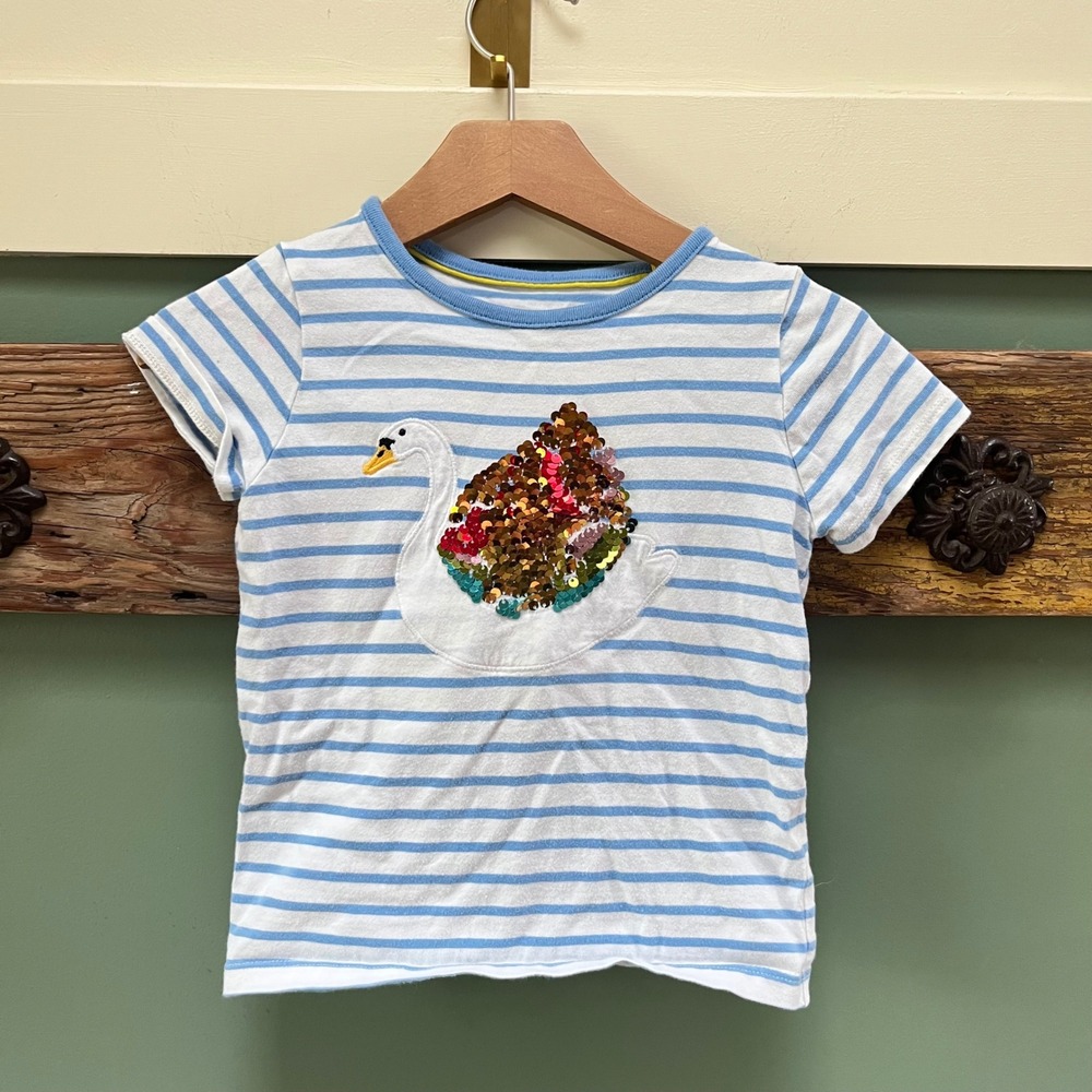 Mini Boden Girls Blue White Striped Swan Sequin Graphic T-Shirt Size 3-4Y 104cm